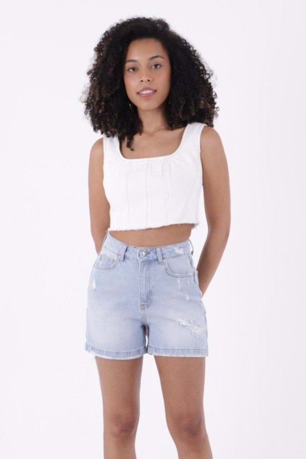 Short Length High Waisted Mom Fit Women's Shorts with Fray Detail Pockets and Unlined Ice Blue Summer / Spring