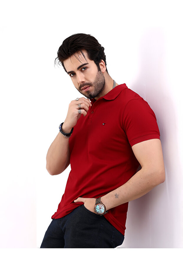 Men's Short Knitwear Band Sleeves Buttoned Pola Collar T-shirt