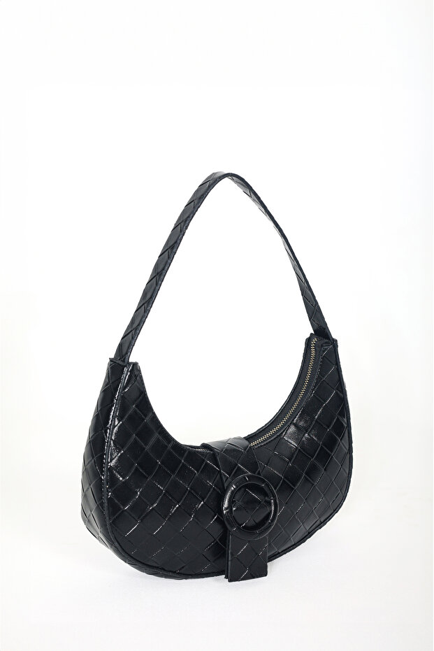 Women's Patterned Black Hand and Shoulder Bag with Buckle Detail