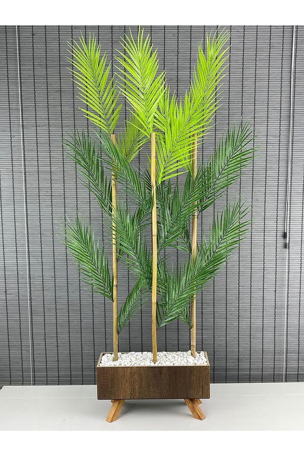 Ahşap Ayaklı 40cm Saksılı 3 Gövde 135cm Dikdörtgen Model Yapay Yapraklı Dekoratif Palmiye Seperatör - 1