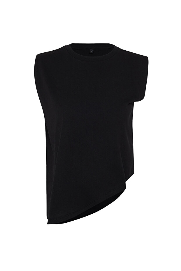 Siyah More Sustainable %100 Pamuk Etek Ucu Asimetrik Bisiklet Yaka Örme T-Shirt TWOSS24TS00156 - 7