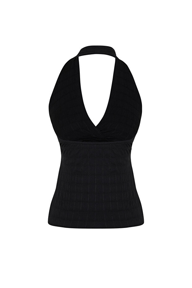 Siyah Dokulu Boyundan Bağlamalı Crop Büzgülü Örme Bluz TWOSS24BZ00389 - 8