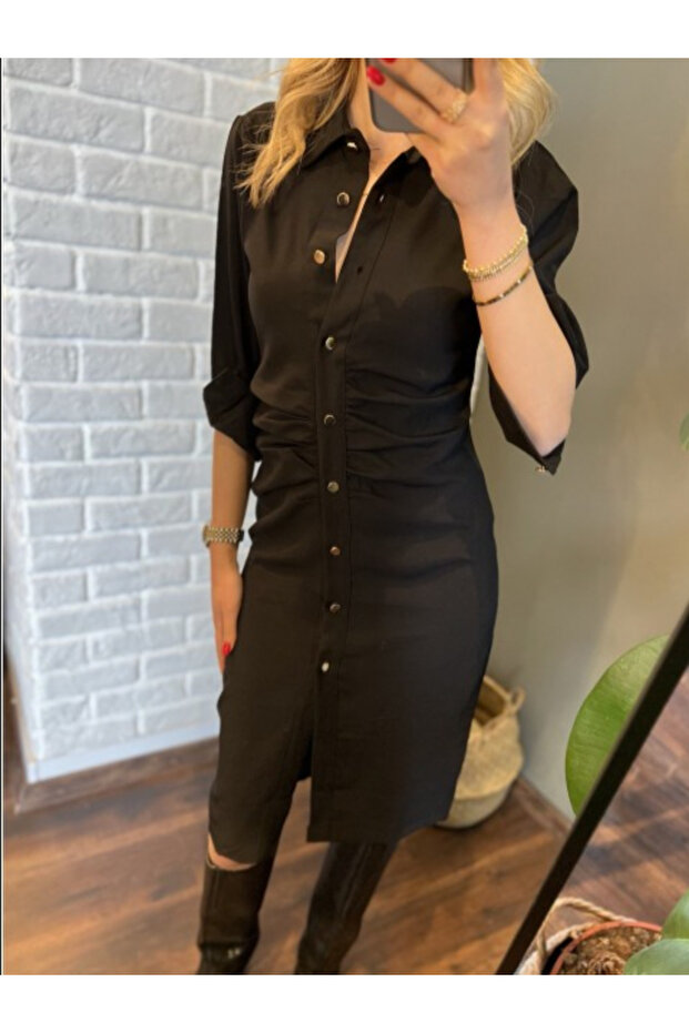 GOLD DÜĞMELİ ÖNÜ DRAPELİ ELBİSE - 5