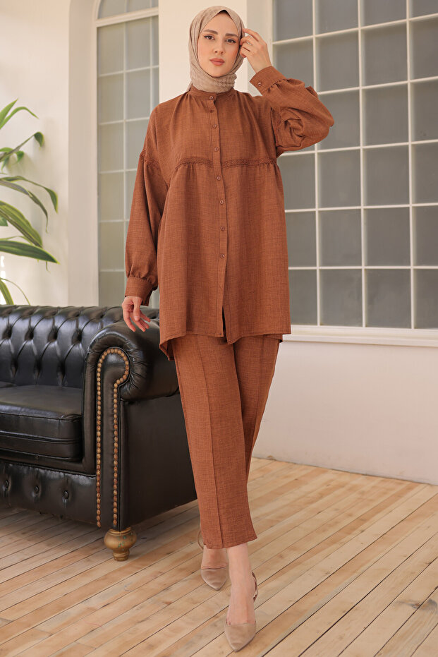 3350 Front Buttoned Double Set Brown - 4