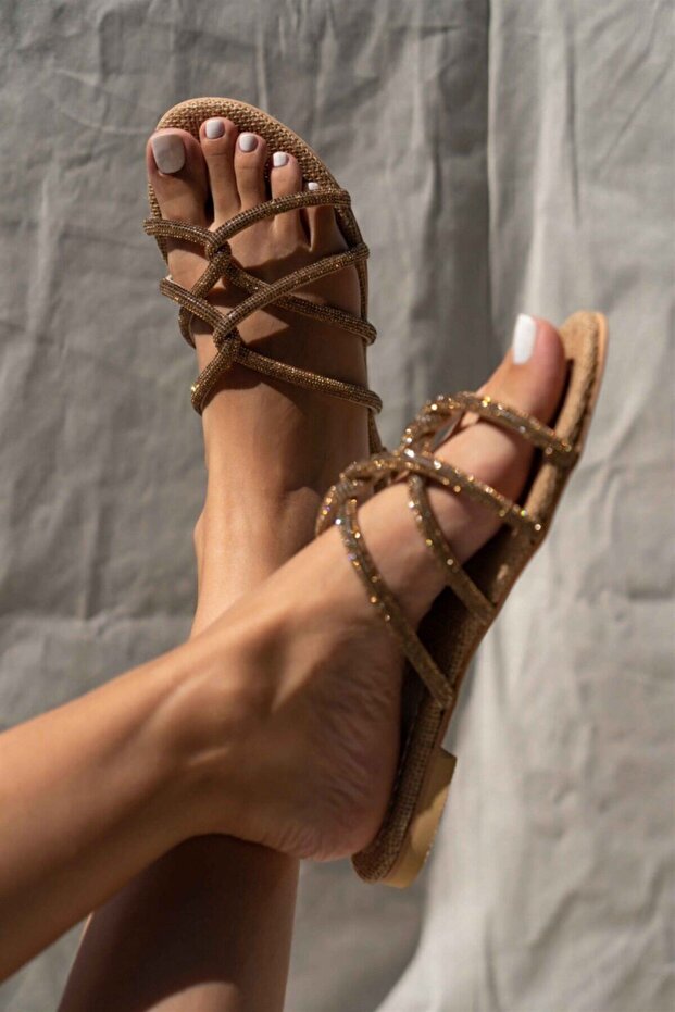 Bowie szalmamatt kőrészletű keresztszalag lapos talpú női papucs - 2