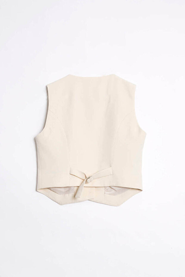 Kaylee V Yaka Düğmeli Crop Yelek Taş - 2