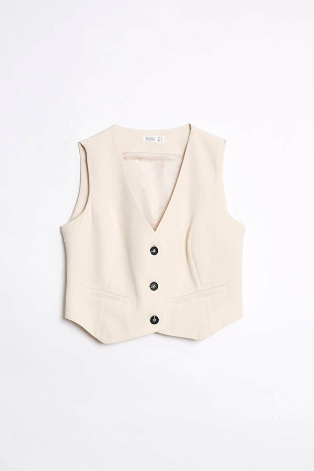 Kaylee V Yaka Düğmeli Crop Yelek Taş - 1