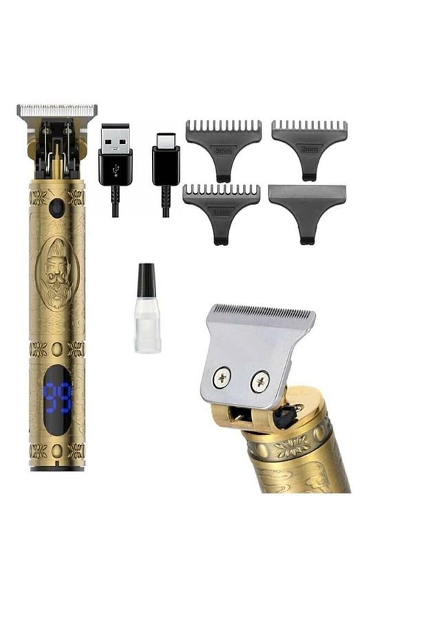 Yok Profesyonel T-bıçak Ense Sakal Çizim Tıraş Makinesi Digital Göstergeli Metal Usb Type-c Pasl 1- - 2