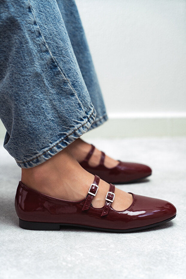 Jane Claret piros lakkbőr dupla csatos részletes lapos talpú női balerinák - 5