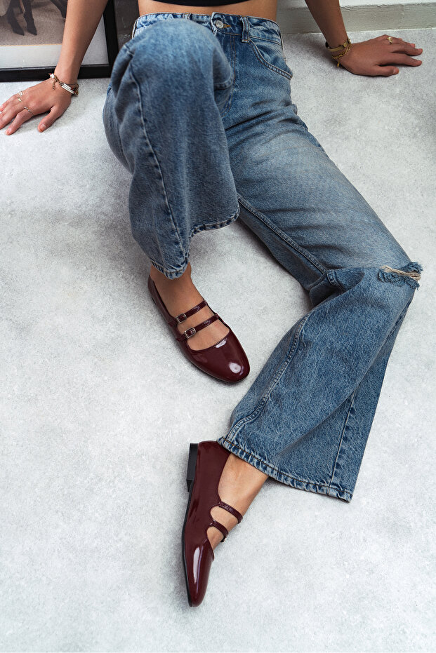 Jane Claret piros lakkbőr dupla csatos részletes lapos talpú női balerinák - 1