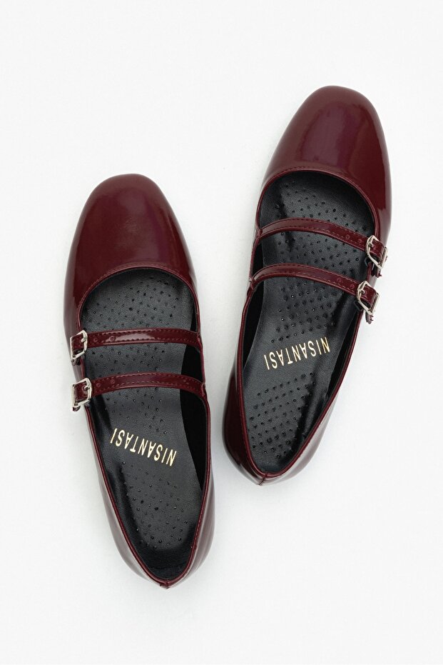 Jane Claret piros lakkbőr dupla csatos részletes lapos talpú női balerinák - 8