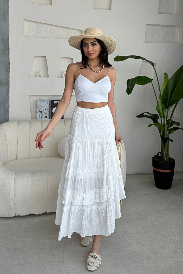 White Asymmetrical Seersucker Skirt with Elastic Waist