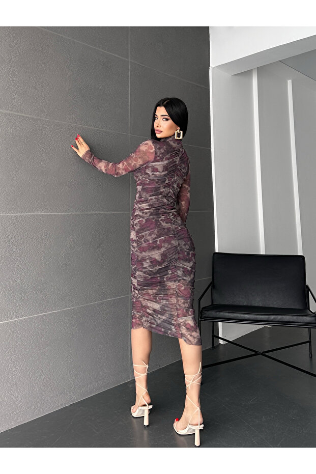 Drapeli Midi Tül Elbise - 4