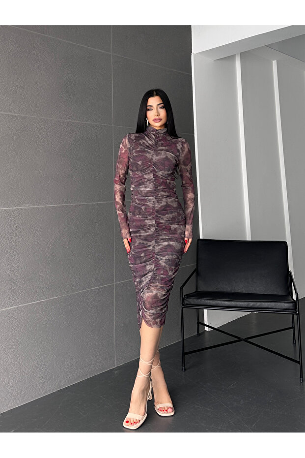 Drapeli Midi Tül Elbise - 2