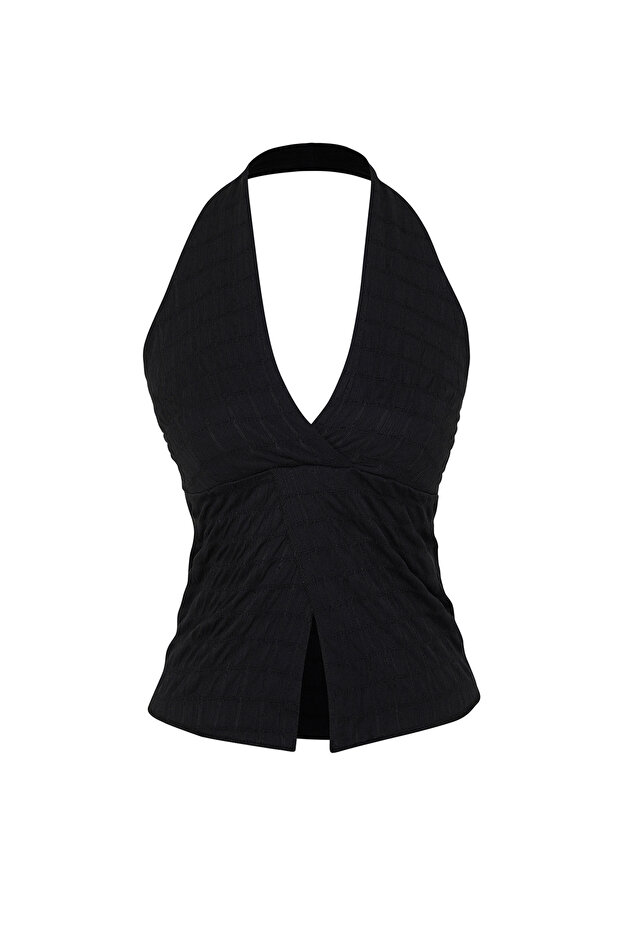 Siyah Dokulu Boyundan Bağlamalı Crop Büzgülü Örme Bluz TWOSS24BZ00389 - 7
