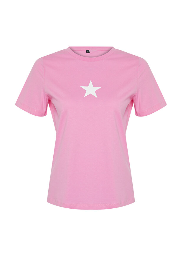 Pembe %100 Pamuk Yıldız Baskılı Regular/Normal Kalıp Bisiklet Yaka Örme T-Shirt TWOSS24TS00095 - 7