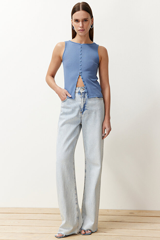 Indigo Düğmeli Fitted/Vücuda Oturan Fitilli Esnek Örme Bluz TWOSS24BZ00306 - 2