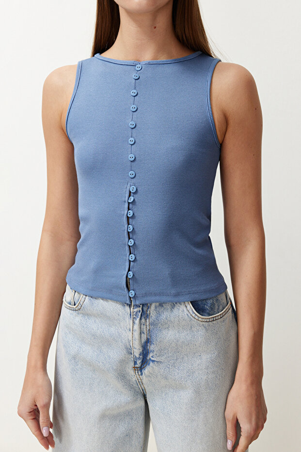 Indigo Düğmeli Fitted/Vücuda Oturan Fitilli Esnek Örme Bluz TWOSS24BZ00306 - 5