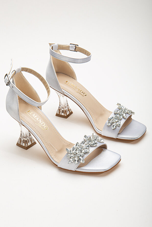 Silver Satin Women's Stoned Transparent Heeled Shoes