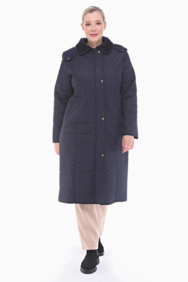 Women's Large Size Hooded 120 Cm Navy Blue Quilted Coat 1020