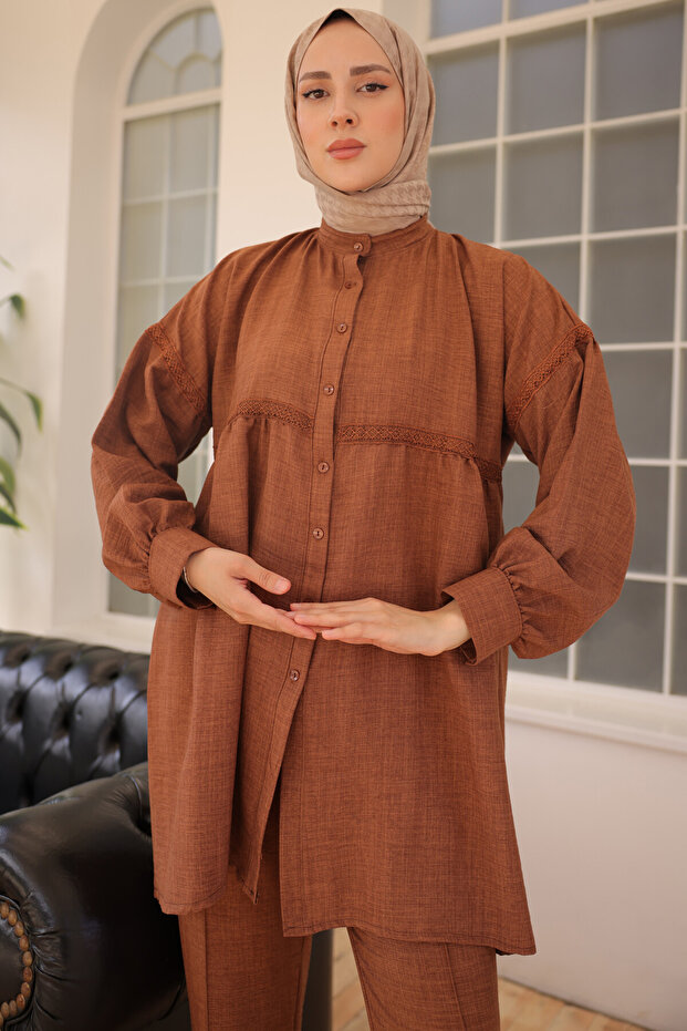 3350 Front Buttoned Double Set Brown - 2