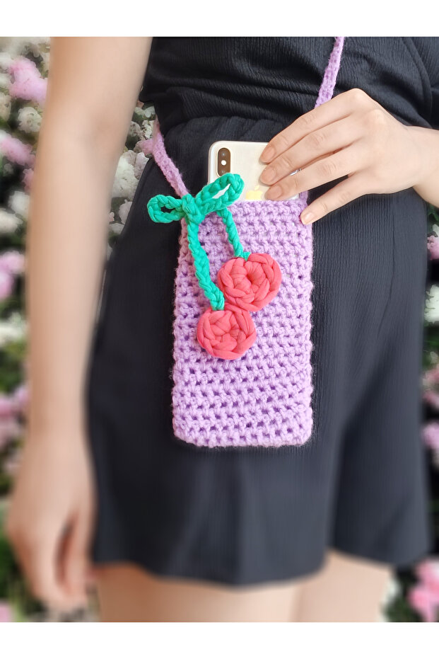 Hand Knitted Knitted Purple Shoulder Bag with Cherry Rope Strap - Phone Bag