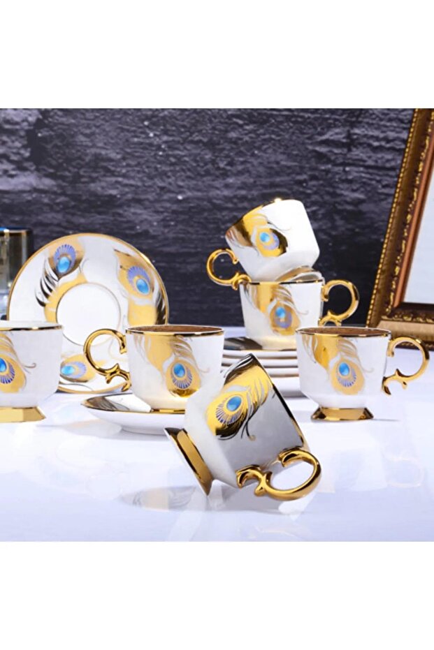 6-Piece Luxury Porcelain Coffee Cup Turkish Coffee Cup Gilded Peacock Feather Model