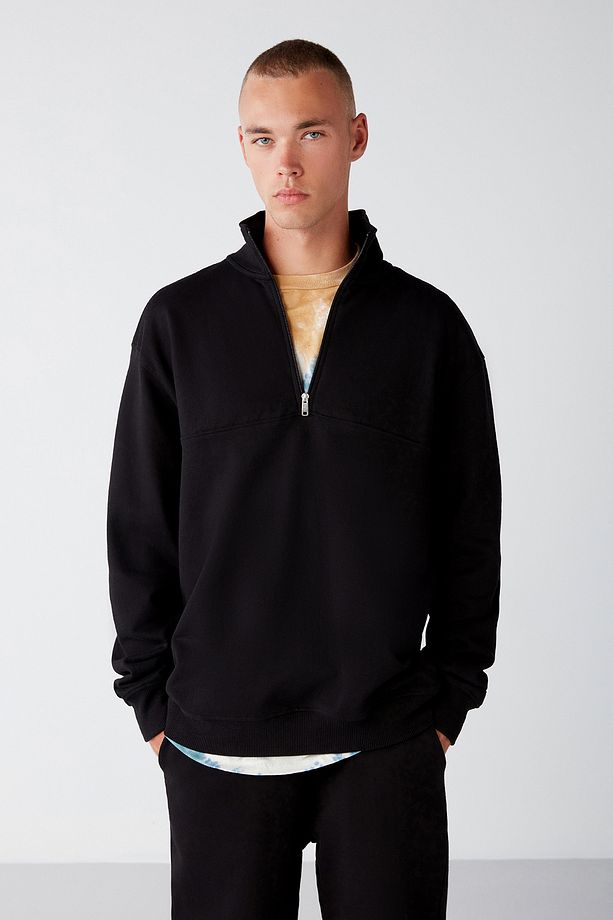 Frame Erkek Yarım Fermuarlı Dik Yakalı Yumuşacık Kumaşlı Polarlı Regular Siyah Sweatshirt - 1
