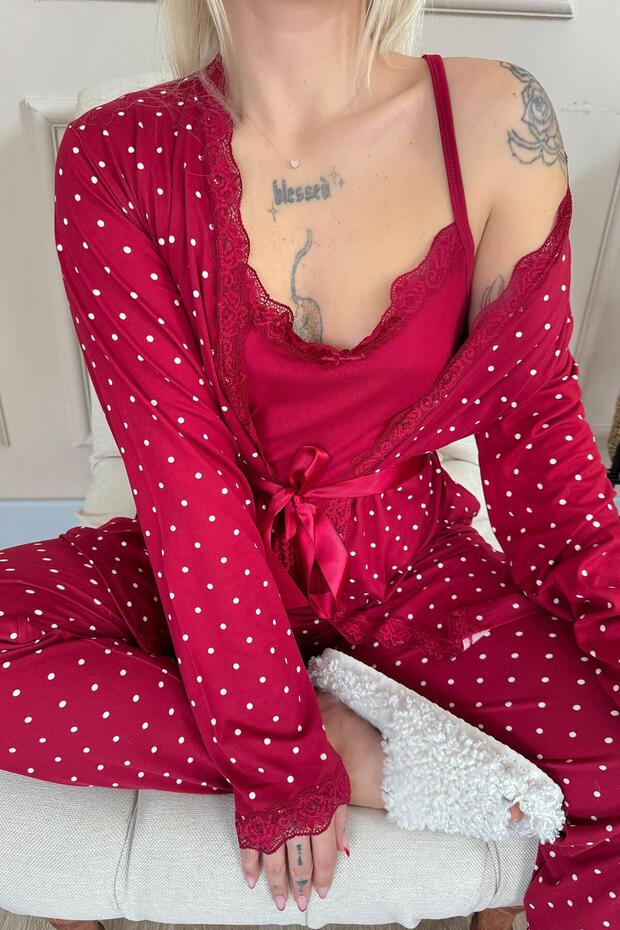 Sada dámského pyžama Claret Red Mini Point se vzorem z bambusu - 5