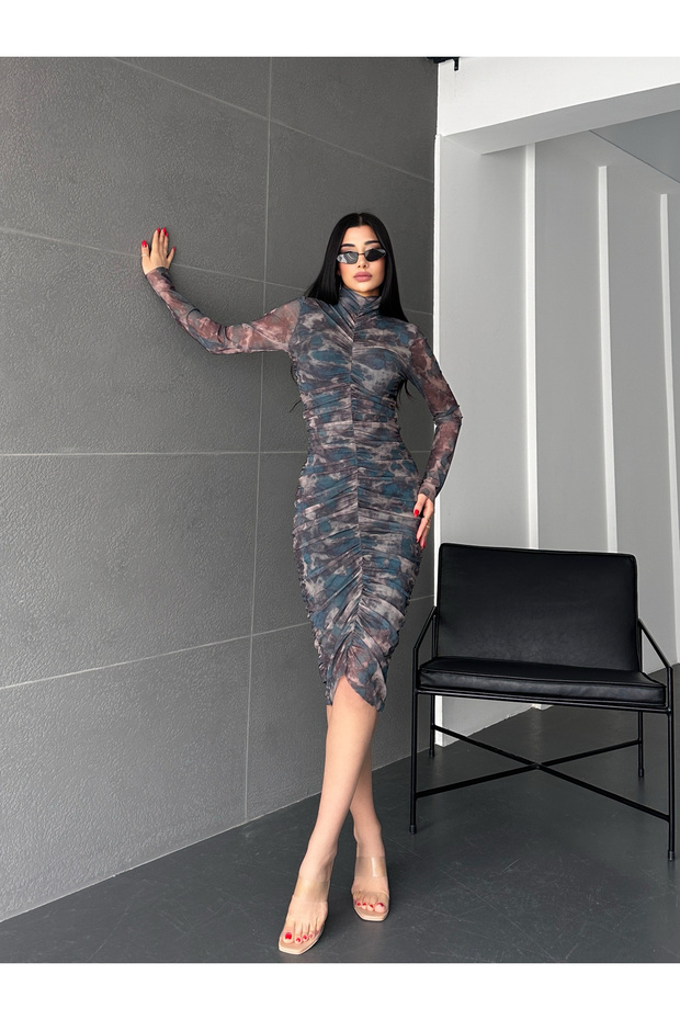 Drapeli Midi Tül Elbise - 2