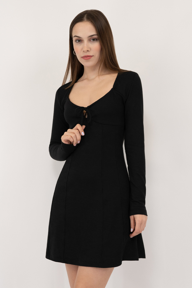 Women's Black Corset Design Gathered Knitted Mini Dress