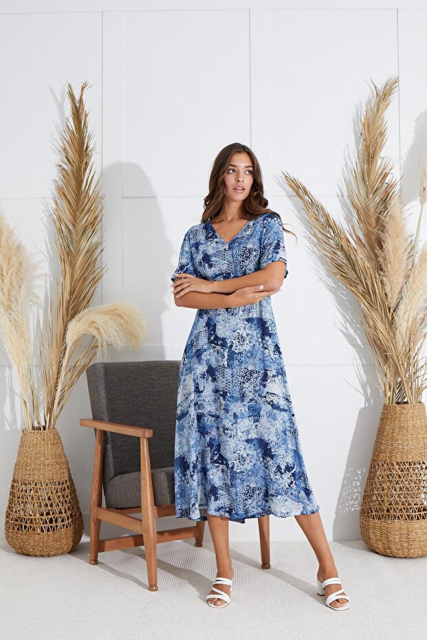 Women's Short Sleeve Long Navy Blue Dress C9T4N5O51