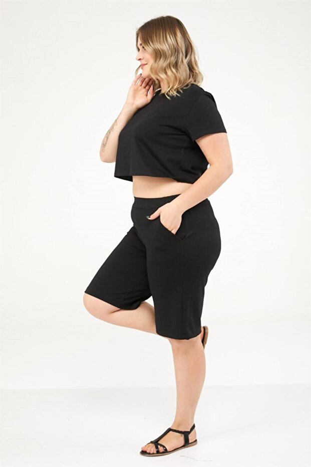 Kadın Siyah Basic Crop Tshirt - 3