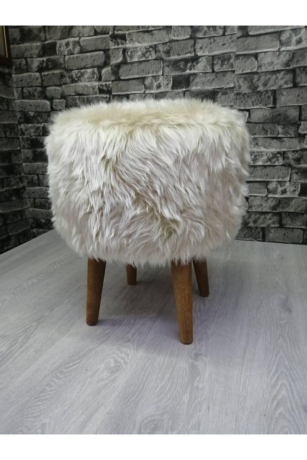 Post Pelüş Puf ,ahşap Ayak ,post Pelüş Bej Puf , Yumuşak Yüzey ,yuvarlak Silindir Puf - 1
