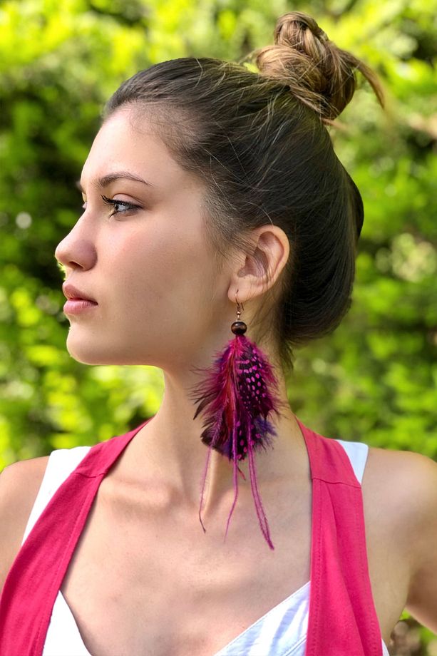 El Yapımı Domestik Tüylü Tekli Boho Style Bohem Tasarım Küpe - 1