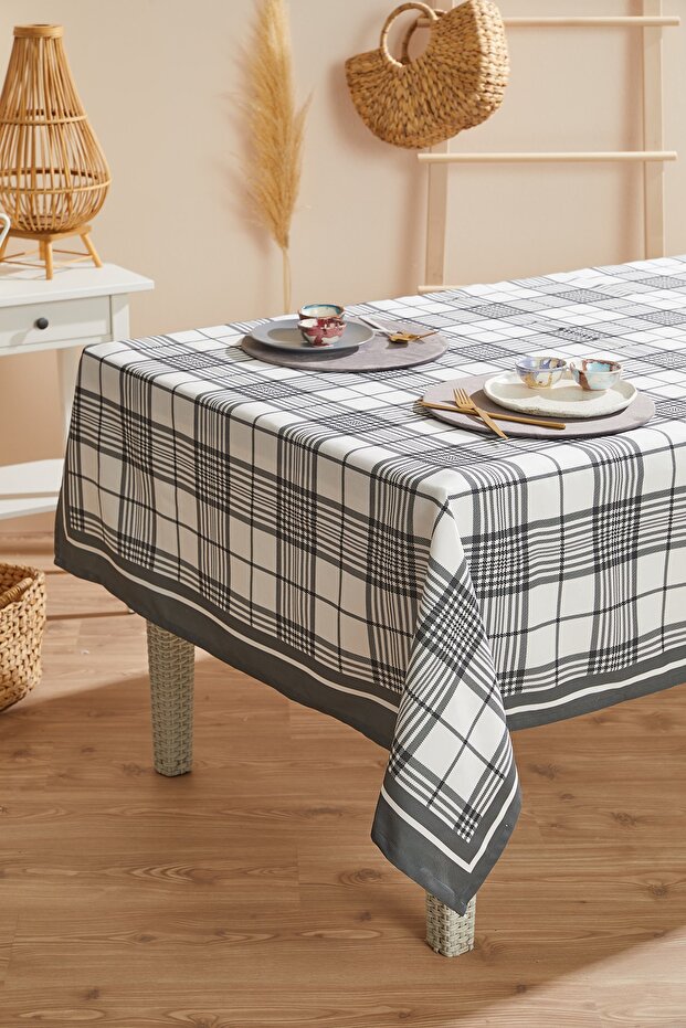 مفرش طاولة رمادي من القماش القطني مقاوم للبقع - 1