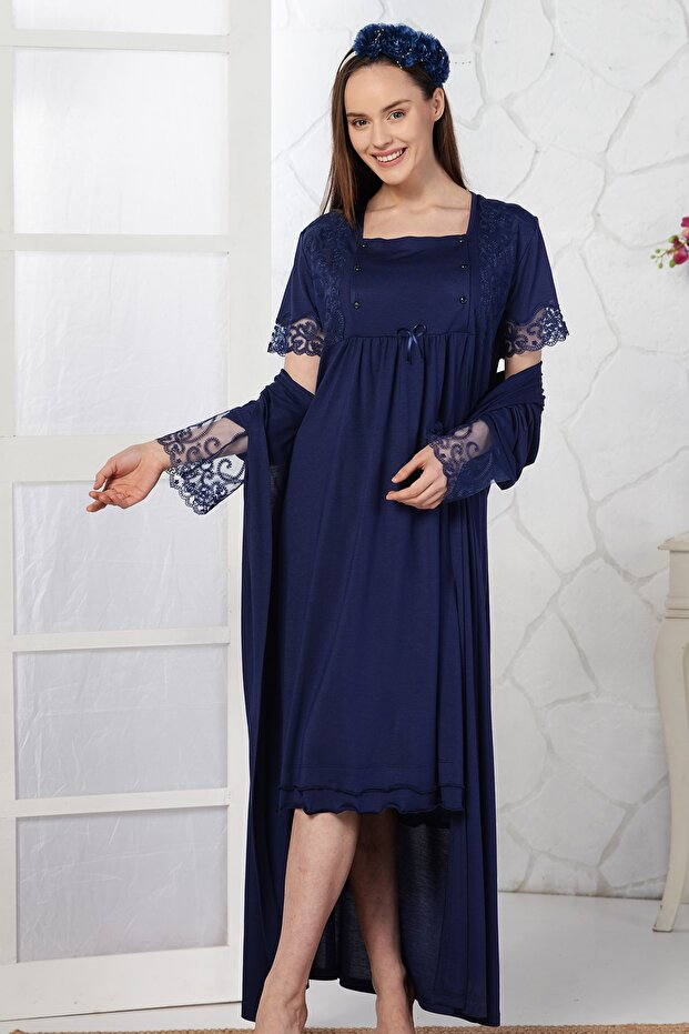 Women's Maternity Dressing Gown Nightgown Set Navy Blue