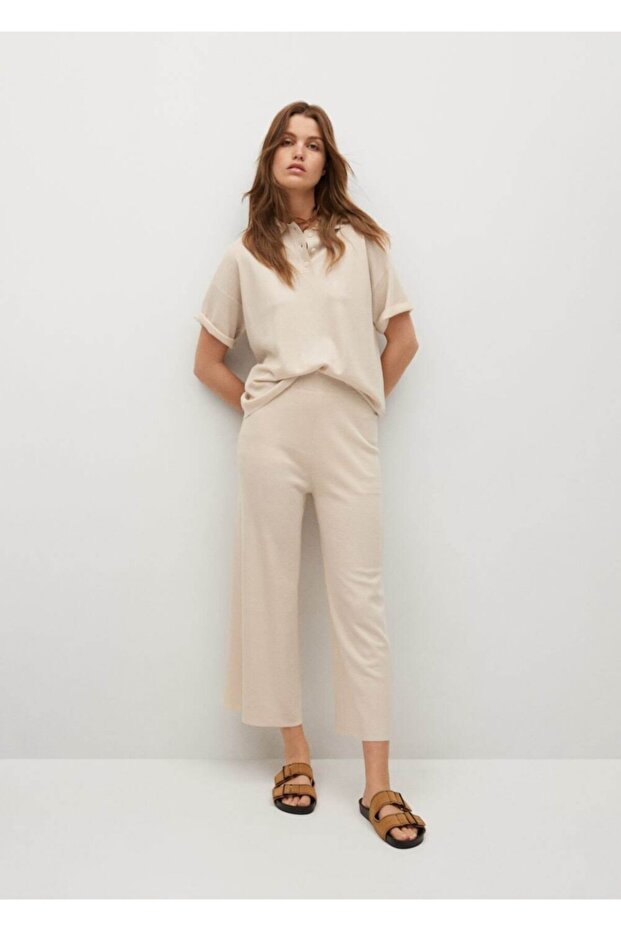 Kadın Ekrü Dokuma Pantolon - 2