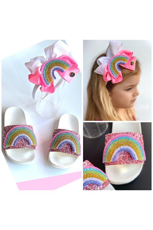 Luxury Colorful Rainbow Glittery Sequin Girl's Crown Slippers Set