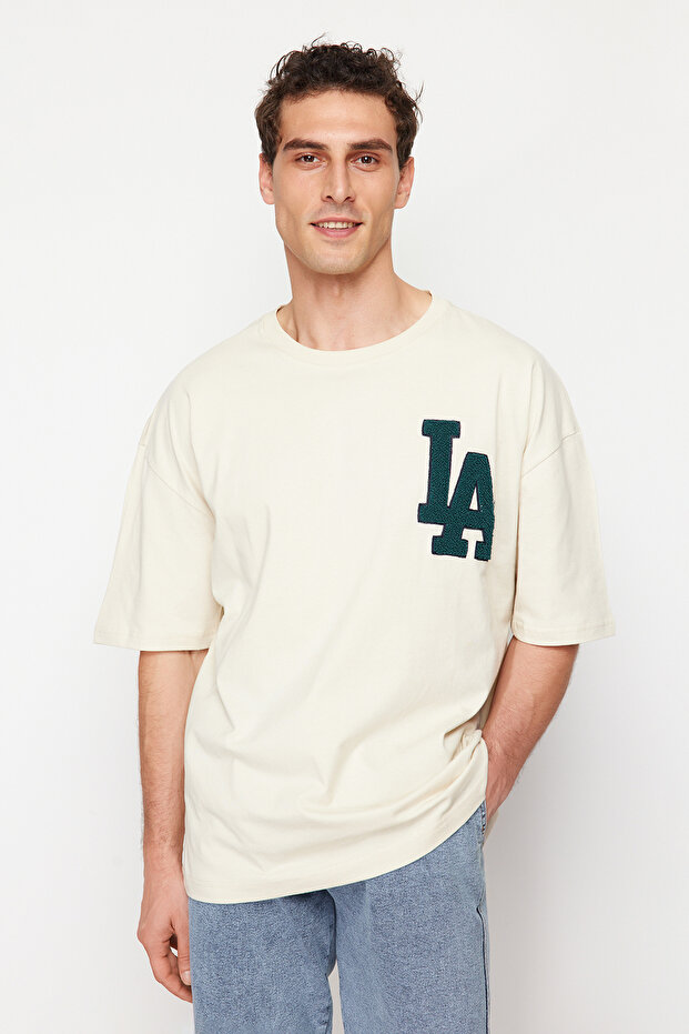 Taş Oversize Süzene Şehir Nakışlı %100 Pamuklu T-Shirt TMNSS22TS2268 - 3
