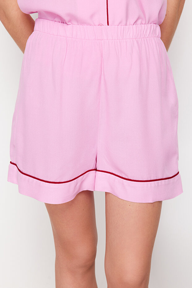 Pembe Biye Detaylı Viskon Şortlu Dokuma Pijama Takımı THMSS24PT00051 - 5