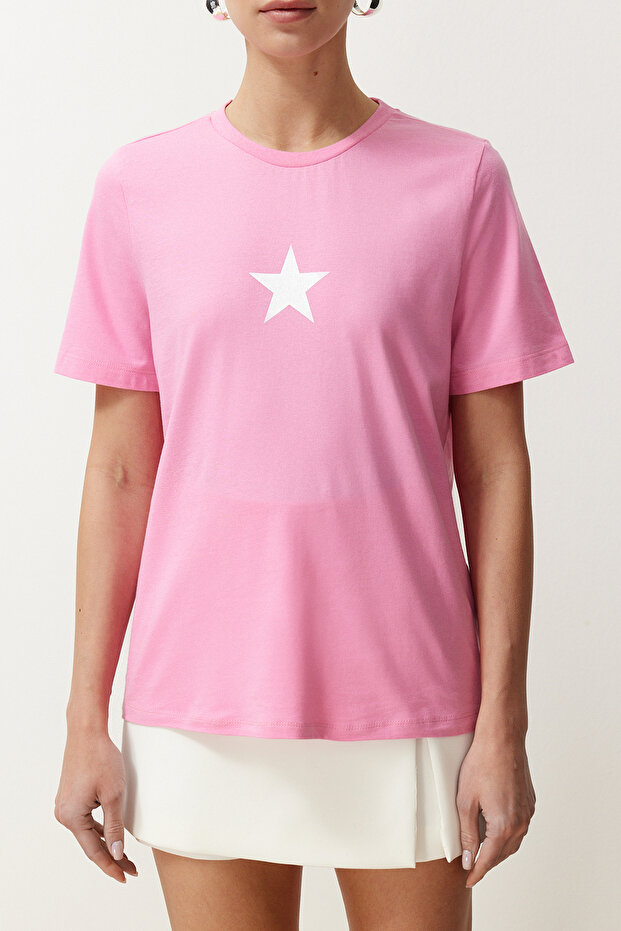 Pembe %100 Pamuk Yıldız Baskılı Regular/Normal Kalıp Bisiklet Yaka Örme T-Shirt TWOSS24TS00095 - 5