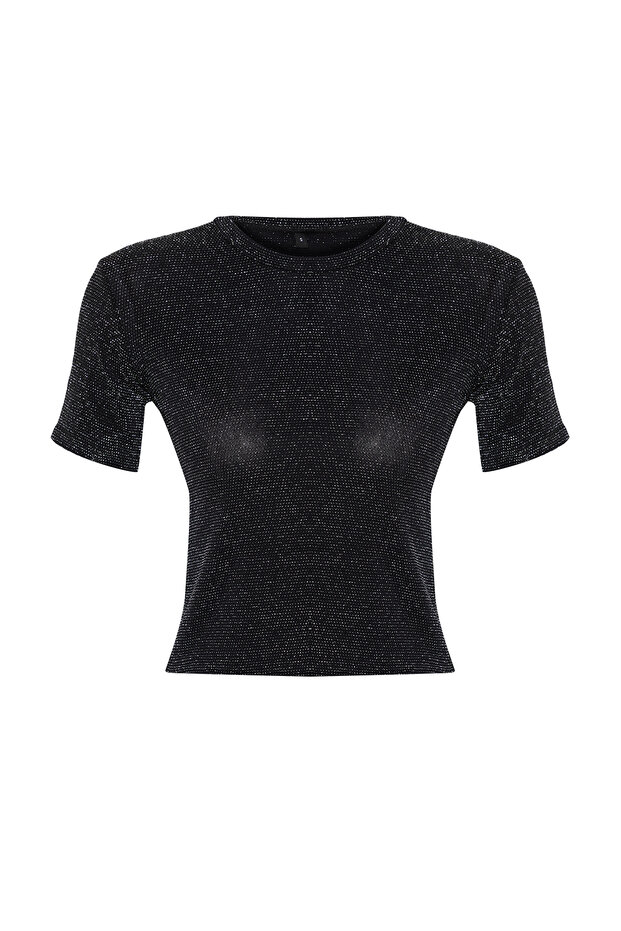 Siyah Parlak/Simli Regular/Normal Kesim Örme T-Shirt TWOSS24TS00259 - 7
