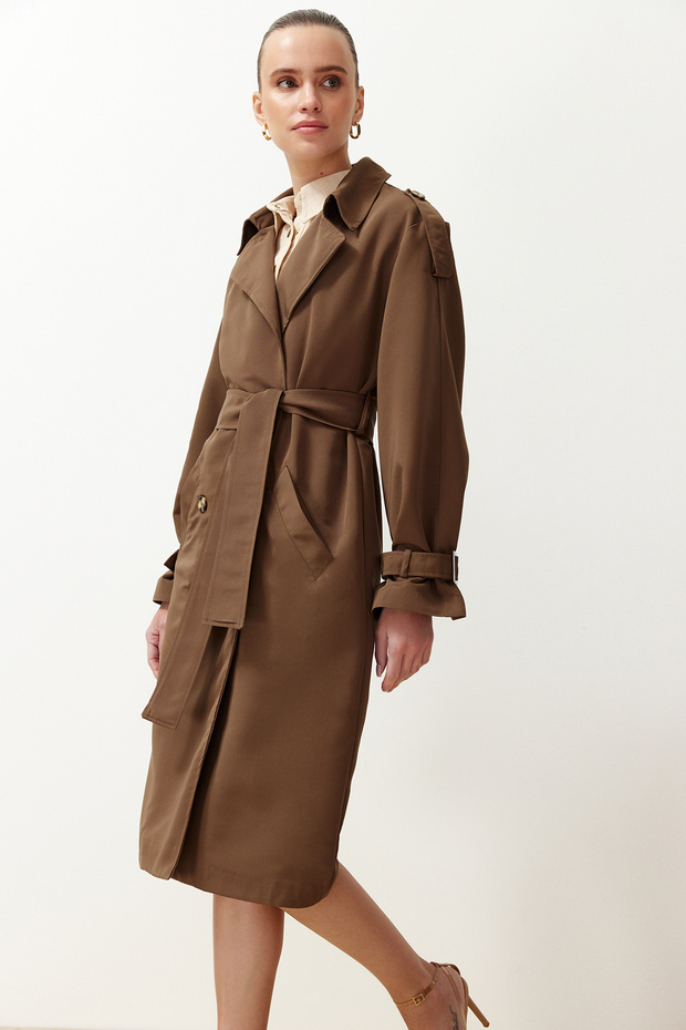 Kahverengi Oversize Kuşaklı Trençkot TWOSS21TR0005 - 8