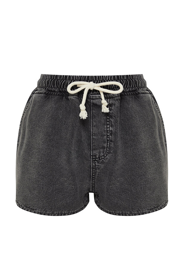 Siyah Lastikli Bel Yüksek Bel Denim Şort TWOSS24SR00133 - 7