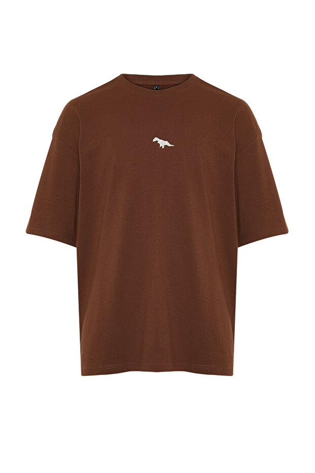 Kahverengi Oversize/Geniş Kesim Dinozor Nakışlı %100 Pamuklu T-Shirt TMNSS23TS00243 TMNSS23TS00243 - 7