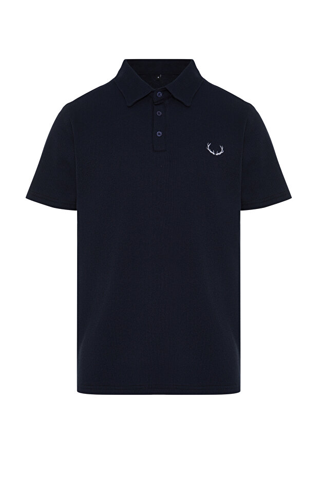 Lacivert Regular/Normal Kesim Nakışlı Dokulu Polo Yaka T-Shirt TMNSS24PO00046 - 5