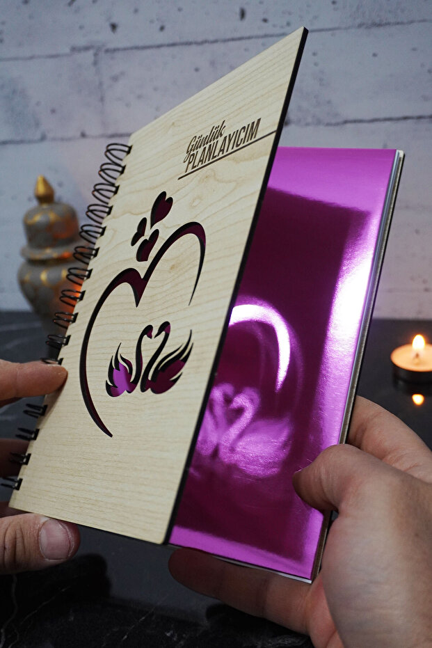 A5 Swan Love Design Wooden Cover Journal Planner Notebook - Undated Agenda-time-free Planning Notebook