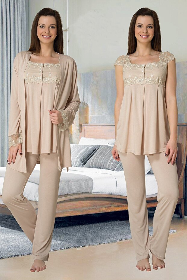 Women's Milk Coffee Colored Lace Summer Cotton Jersey Maternity and Postpartum Robe and Pajama Set