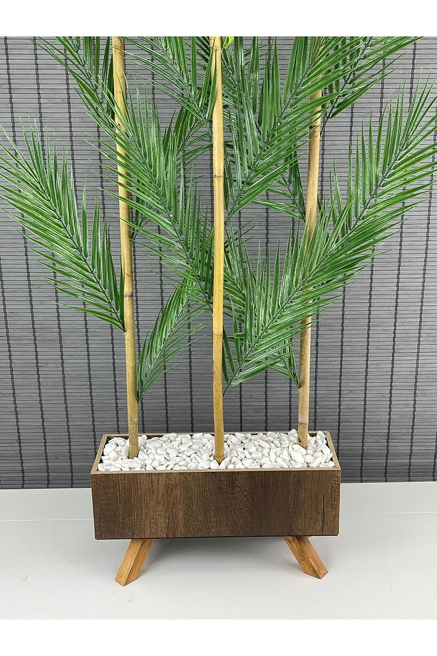 Ahşap Ayaklı 40cm Saksılı 3 Gövde 135cm Dikdörtgen Model Yapay Yapraklı Dekoratif Palmiye Seperatör - 2